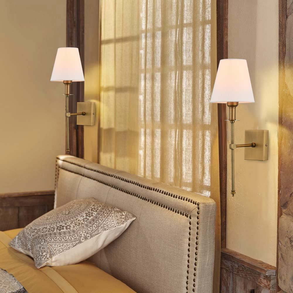 Wall Sconces Sets of 2, Brushed Brass Sconces Wall Lighting with Fabric Shade, Column Stand Bathroom Vanity Light Fixture for Hallway, Entryway, Passway Kitchen, Gold