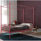 Metal Canopy Kids Platform Bed with Four Poster Design, Scrollwork Headboard and Footboard, Underbed Storage Space, No Box Sring Needed, Twin, Pink