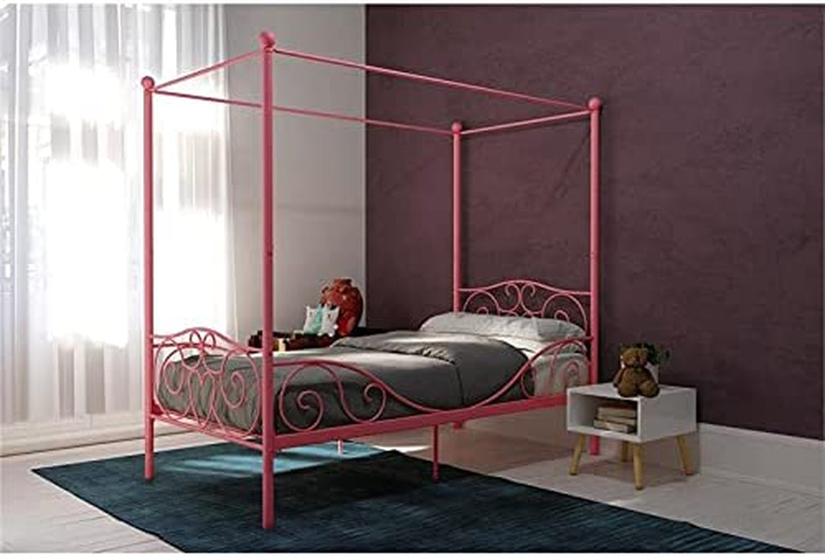 Metal Canopy Kids Platform Bed with Four Poster Design, Scrollwork Headboard and Footboard, Underbed Storage Space, No Box Sring Needed, Twin, Pink