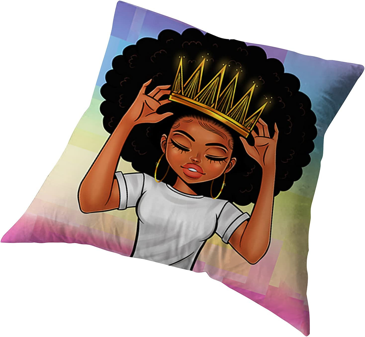 Plush Pillow Cases Black Girl Magic Throw Pillow Covers for Girls,African American Women Girl with Crown Pillowcase,Afro Girls Black Queen Princess Cushion Cover Cases,Pink Colorful ,18 X 18 Inch