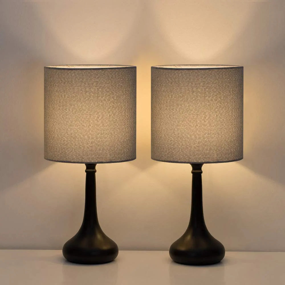 Small Table Lamps - Vintage Bedside Nightstand Lamps Set of 2 for Bedroom, Office, College Dorm with Metal Base & Fabric Lamp, Gray