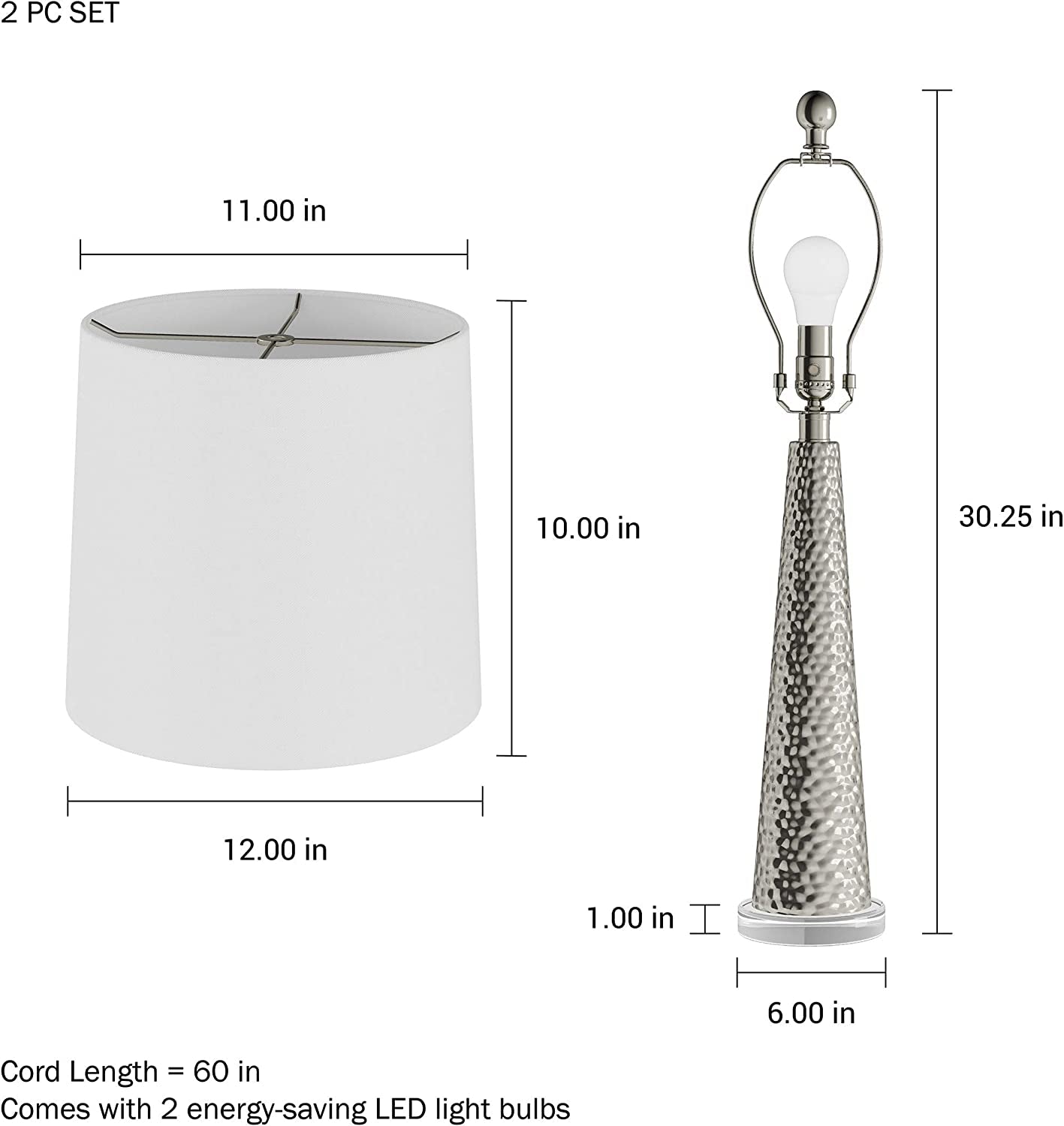 Lavish Home Table Lamps Set of 2 Contemporary Hammered-Look Glass for Bedroom, Living Room, Office with Energy-Efficient LED Bulbs