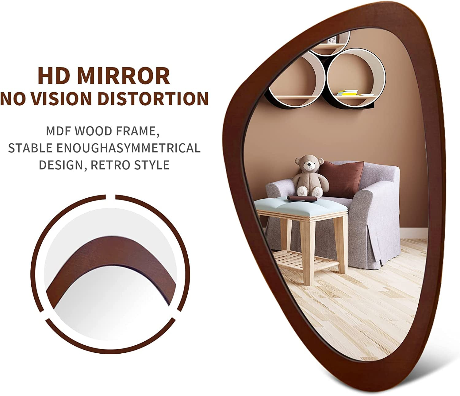 Irregular Wall Mirror 30"X20" Wall-Mounted Mirror with MDF Frame, Large Asymmetrical Mirrors for Wall Irregular Mirror for Bathroom Bedroom Entryway, Dark Walnut