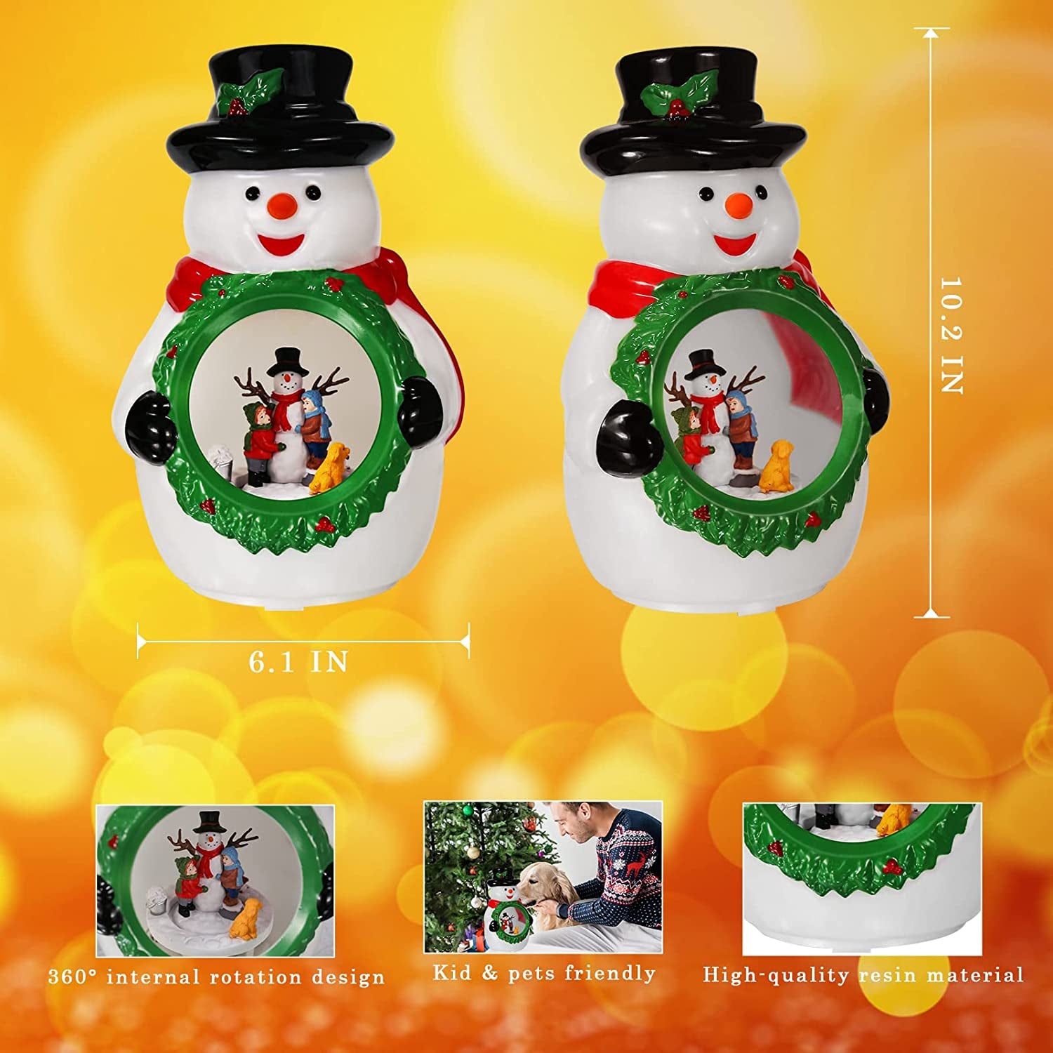 Christmas Snowman Night Light for Kids with the inside Rotating Design, USB & Battery Operated Snowman Table Lamp with Music for Table Bedroom Holiday Celebration Christmas Decoration