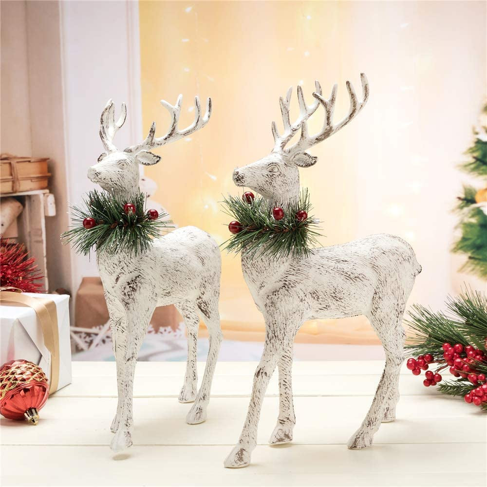 Reindeer Christmas Decoration Christmas Deers 12'' Standing Reindeer Decorations Christmas Deer Figurines Ornament Figurines with Red Berry Stem Pine Wreath, Indoor Tabletop Decorative