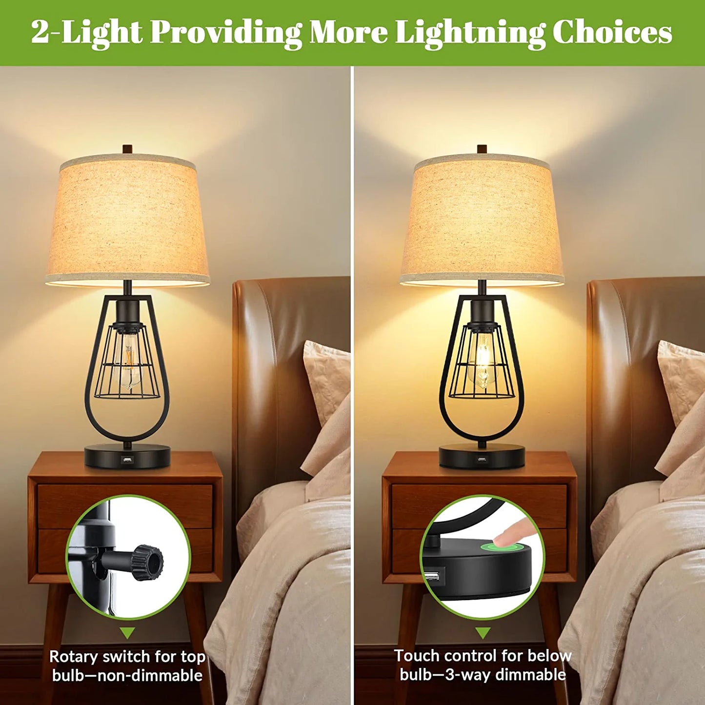 Set of 2 Industrial Touch Control Table Lamps with USB Port, 3-Way Dimmable Farmhouse Bedside Nightstand 2-Lights Lamps for Bedroom Living Room Reading, Cream Fabric , Black Metal Base, Bulbs Included