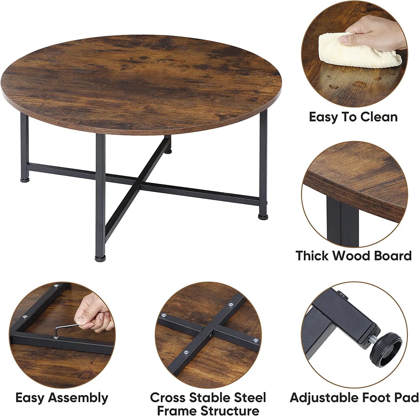 round Coffee Table, Industrial Style Cocktail Table Modern Leisure Tea Table, Kitchen Dining Table for Living Room, Dining Room, Tea, Home Office Balcony with Durable Metal Frame