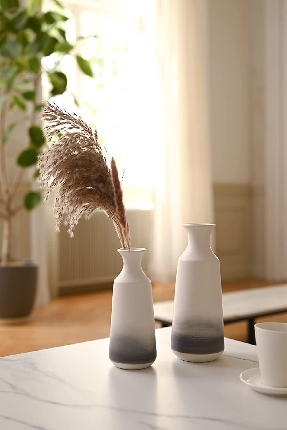 Modern Ceramic Flower Vase, Grey and White Decorative Vase for Pampas Grass, Set of 2 Terracotta Vases for Home Decor, Modern Farmhouse Decor, Living Room, Shelf Decor-12
