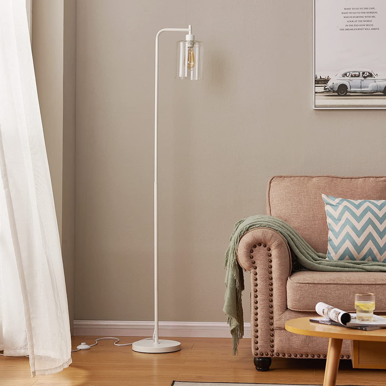 White Tall LED Floor Lamp Included Bulb, Modern Standing Lamp with Hanging Glass Shade, Indoor Simple Floor Lamp, Industrial Pole Light for Living Room, Bedroom, Office, Home Decor