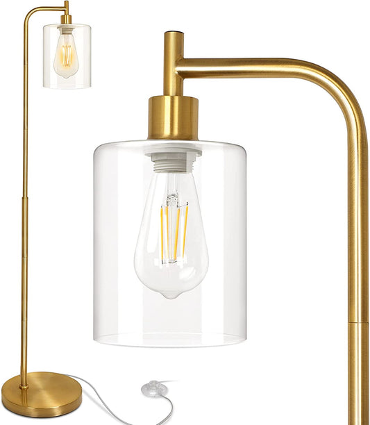 Gold Industrial Floor Lamp, Elizabeth Vintage Standing Lamp with E26 Light Bulb & Hanging Clear Glass Shade, Noble Tall Pole Floor Lamp with Foot Switch for Bedroom Living Room Office Bedside Reading