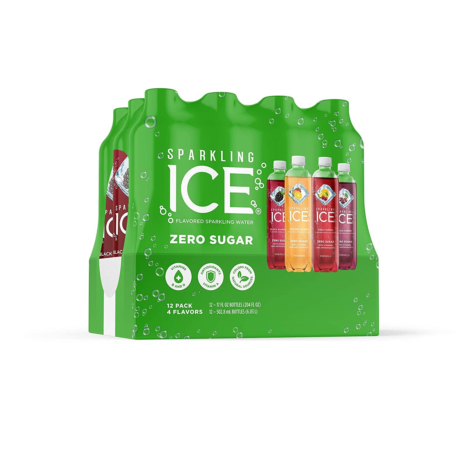 Sparkling Ice Green Variety Pack, Zero Sugar Sparkling Water, with Vitamins and Antioxidants, 17 Fl Oz, 12 Count (Black Raspberry, Orange Mango, Black Cherry, Fruit Punch)