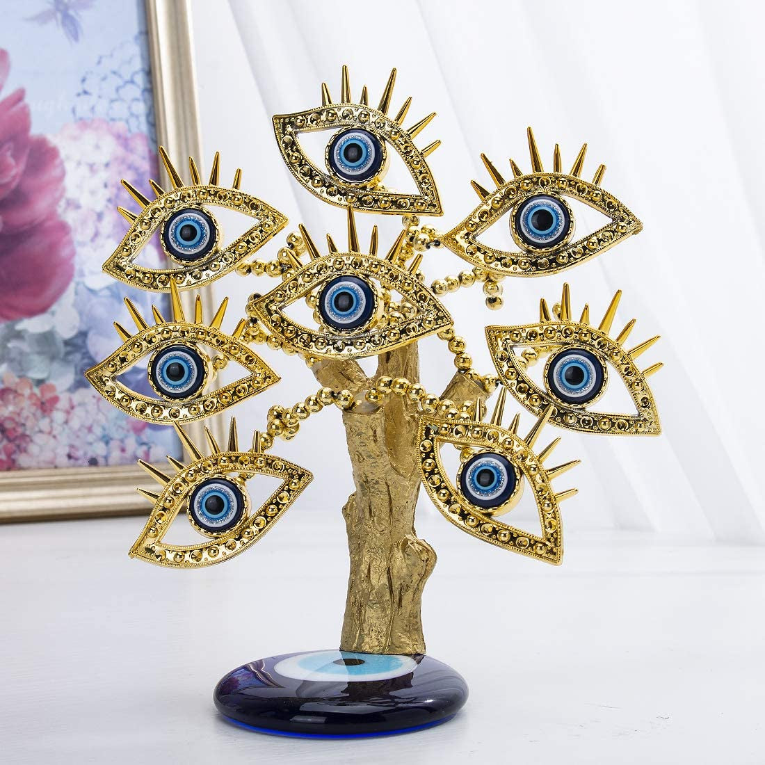 Golden Turkish Evil Eyes Tree with Blue Evil Eye Base for Home Decor Luck Gift