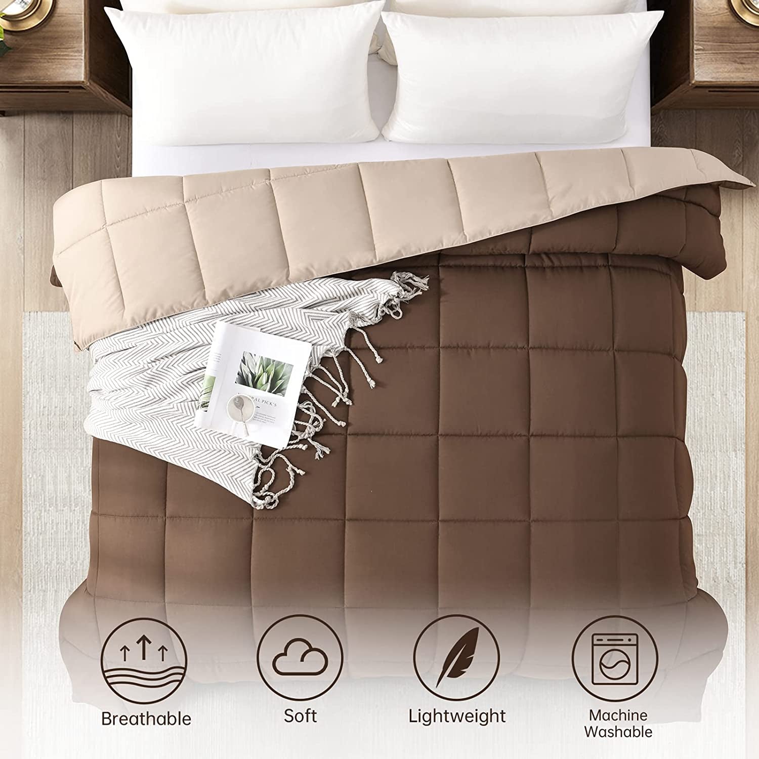 Queen Lightweight Comforter Brown - All Season down Alternative Bed Comforter Summer Duvet Insert Quilted Reversible Comforters Full / Queen Size Chocolate Brown / Beige