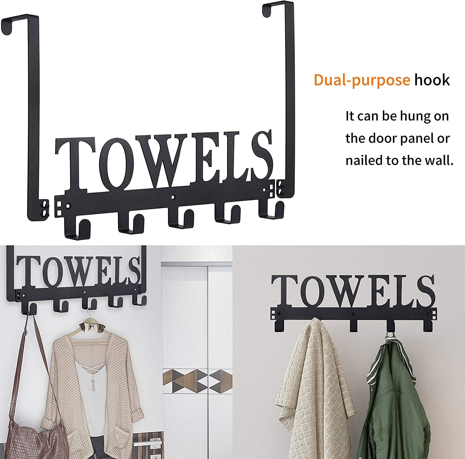 Over the Door Hooks, Towel Holder for Bathroom, Door Mount Towel Rack Towel Hooks for Bedroom Kitchen Pool Beach Towels Bathrobe Wall Mount Hang on the Door Cabinet Cupboard Metal Sandblasted (Black)
