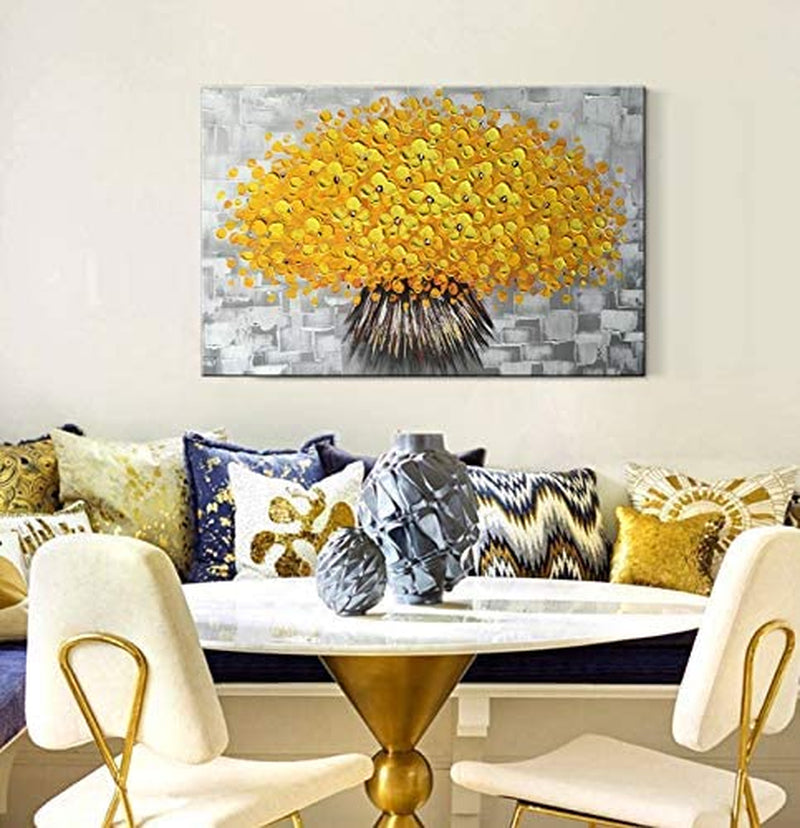Handmade Yellow Flower Wall Art on Canvas One Piece Painting Gray Modern Abstract Artwork