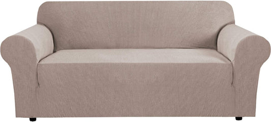 Stretch Sofa Covers for 3 Cushion Couch Covers Sofa Slipcovers for Living Room Feature Thick Checked Jacquard Fabric with Elastic Bottom, Sofa Large - Sand