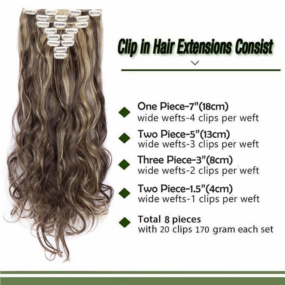 Benehair Clip in Hair Extensions Full Head Long Thick 8 Pieces Hair 18 Clips Curly Wavy Straight Hairpieces 100% Real Natural as Human Best Hair Set 24'' Curly Dark Brown & Ash Blonde