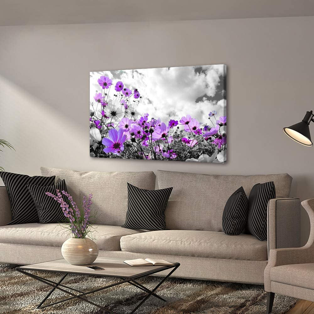 Canvas Wall a Rt Modern Purple Flowers Canvas Art Wall Decor Black and White Framed Galsang Floral Prints and Posters Wall Hanging Decorations Ready to Hang for Bedroom Bathroom