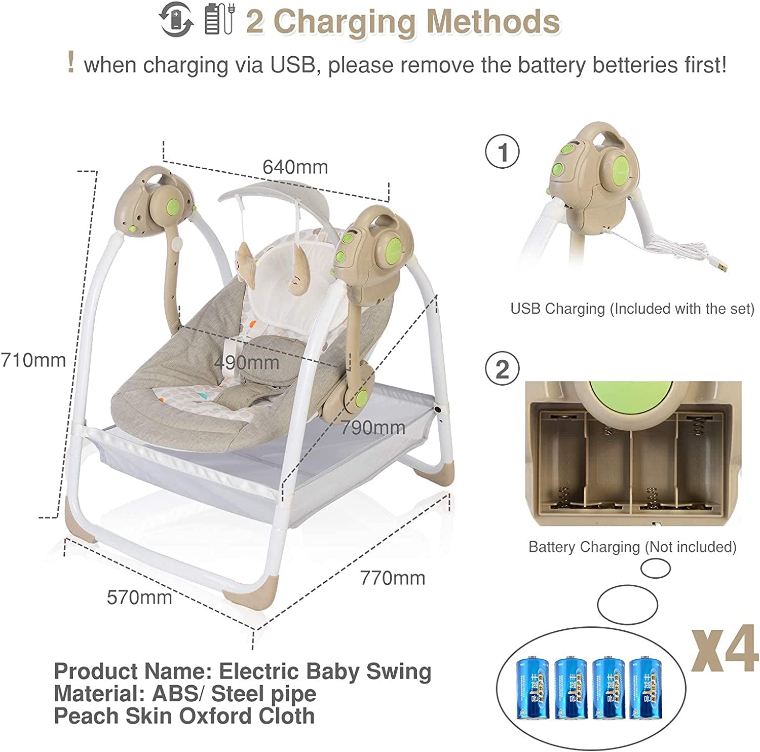 Baby Swings for Infants to Toddler, Compact Baby Swing with 6 Motions, Portable Swing with Music,Sounds,Timing, Baby Rocker with 2 Toys, Plsuh Seat & Soft Head Support, Machine Washable Fabric (Khaki)