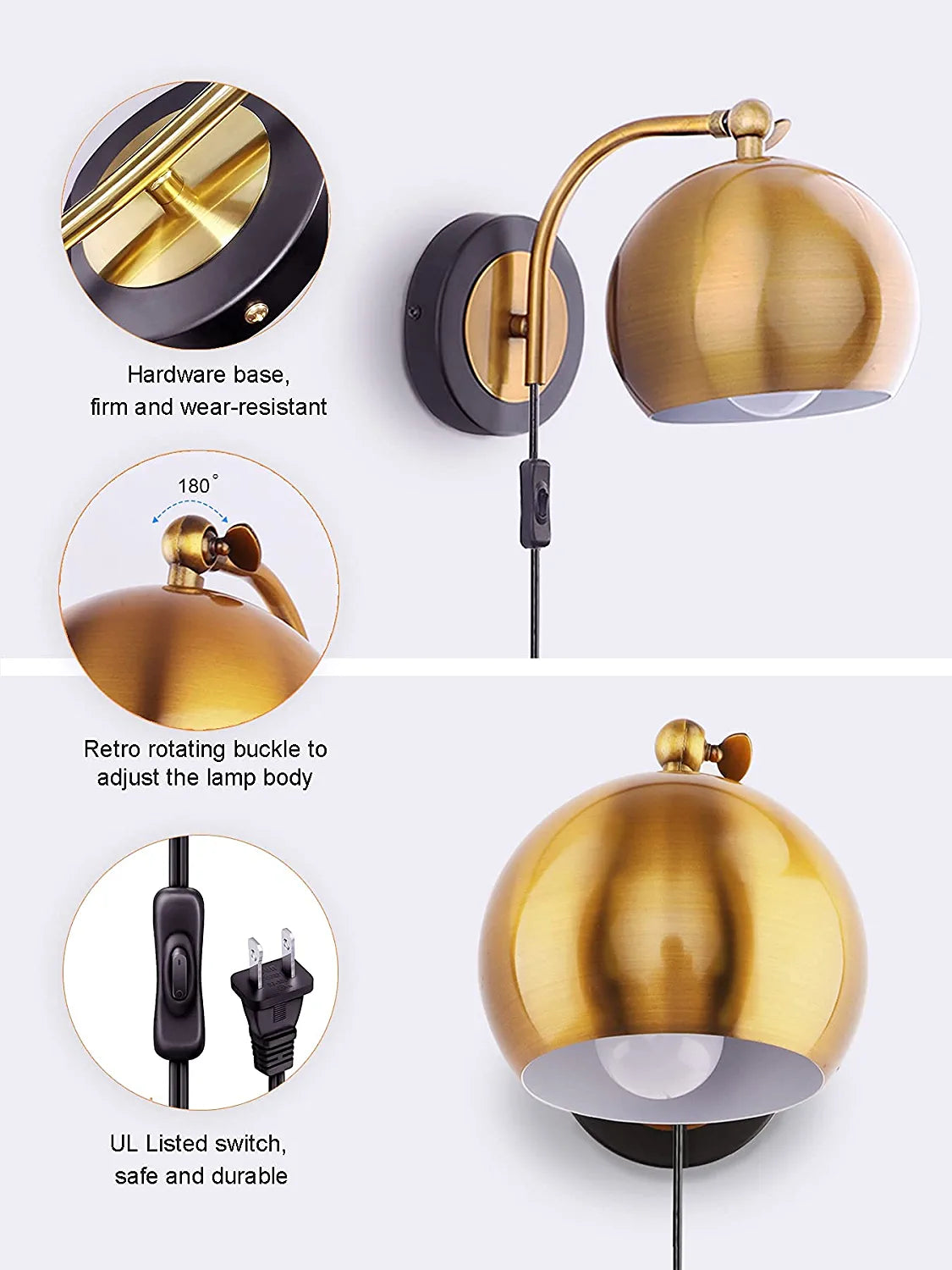 OYLYW Gold Wall Sconces Plug in Lighting Fixture ,E26 Industrial Vintage Boho Adjustable Wall Lights,Set of 2 Pack Wall Lamp Bedside Lamp Bathroom Vanity Lights