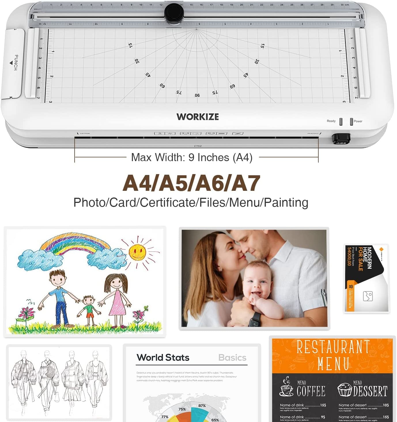 Laminator Machine with Laminating Sheets 20 Pouches,  9-Inch Thermal Laminator, Personal 5-In-1 A4 Desktop Laminating Machine Built-In Paper Trimmer Hole Puncher and Corner Rounder