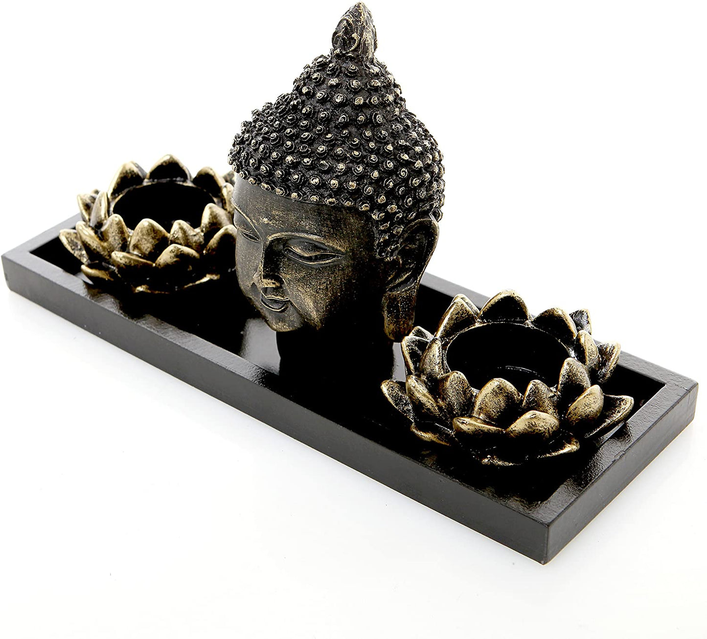 ® Lotus Tea Light Candle Holders with Buddha Head Sculpture and Wood Display Tray