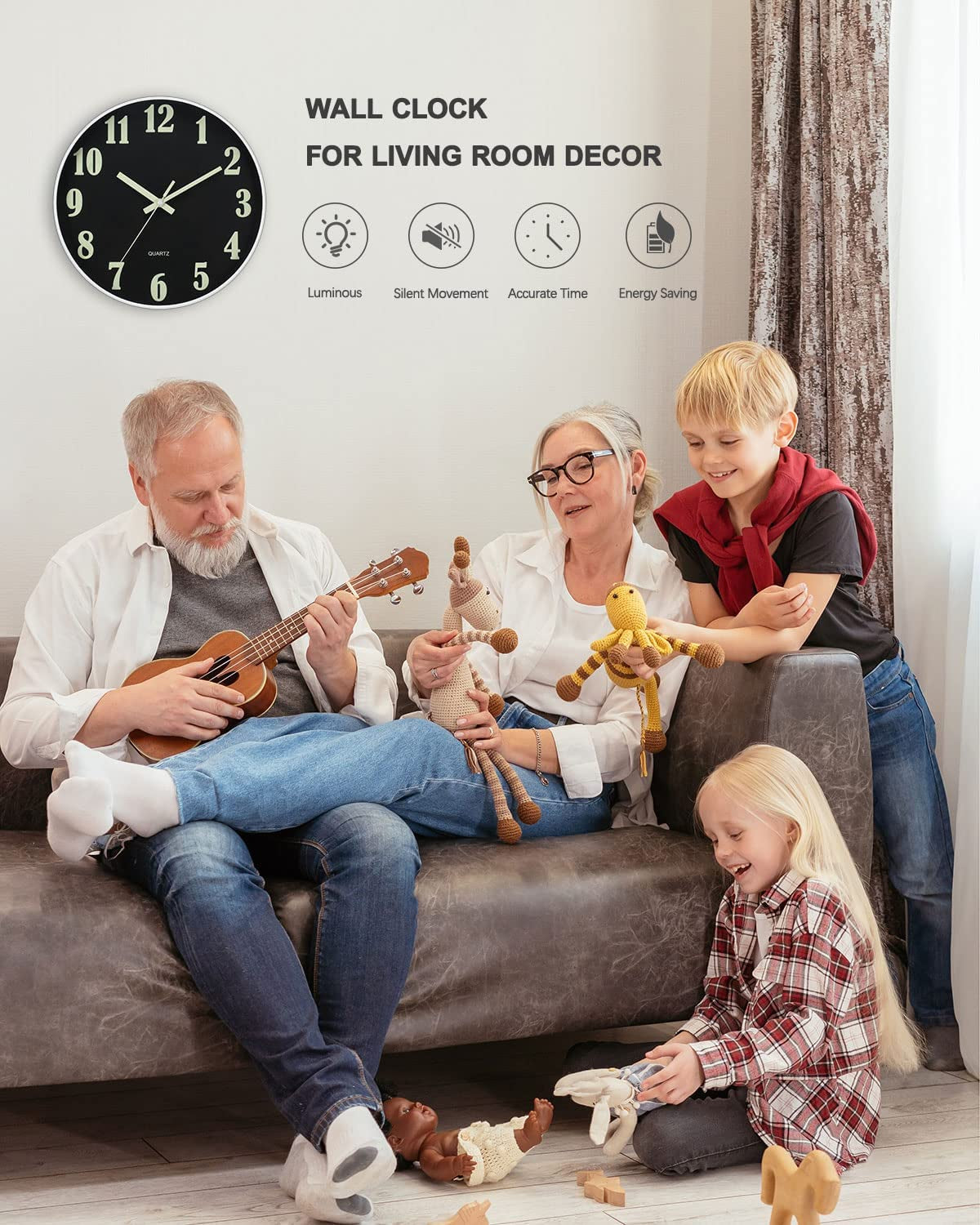 Modern Night Light Wall Clock, 12 Inch Silent Non-Ticking Quartz Wall Clocks, Large Luminous Function Numbers and Hands, Battery Operated Decorative Wall Clock for Office, Kitchen, Living Room