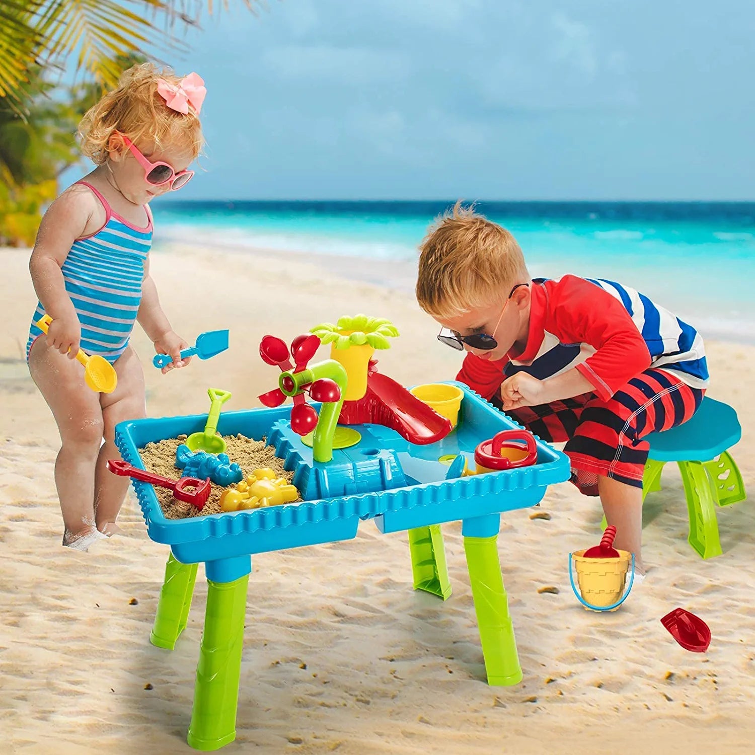 Sand Water Table Outdoor Toys - Toddler Activity Table Sandbox Toy Sensory Table Summer Toys Beach Play Table 27 Pcs Accessories for Baby Kids Children