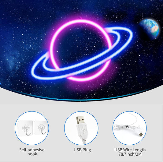 Neon Signs Planet Neon Sign, LED Neon Light Sign for Wall Decor, USB Powered Aesthetic Neon Signs for Bedroom, Cool Room, Kids Room, Bar, Festival, Birthday, Wedding, Party Decoration