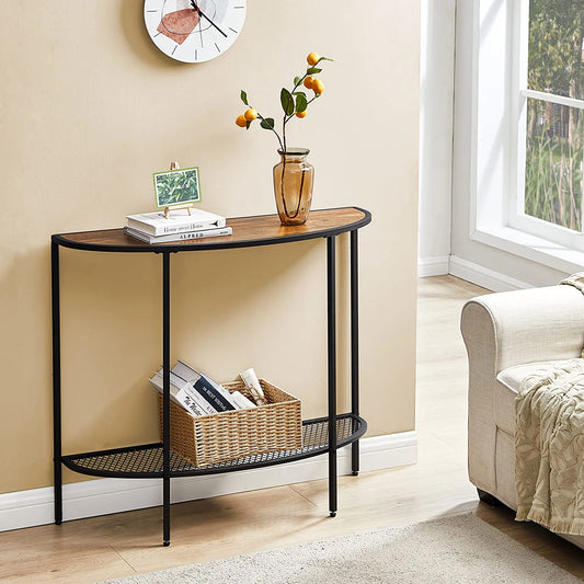 Console Table 2 Tier Narrow Entryway Table with Storage Shelves Half Moon Sofa Couch Table Industrial Small Entry Way Tables for Living Room Bedroom Hallway Office Easy Assembly, Walnut Black