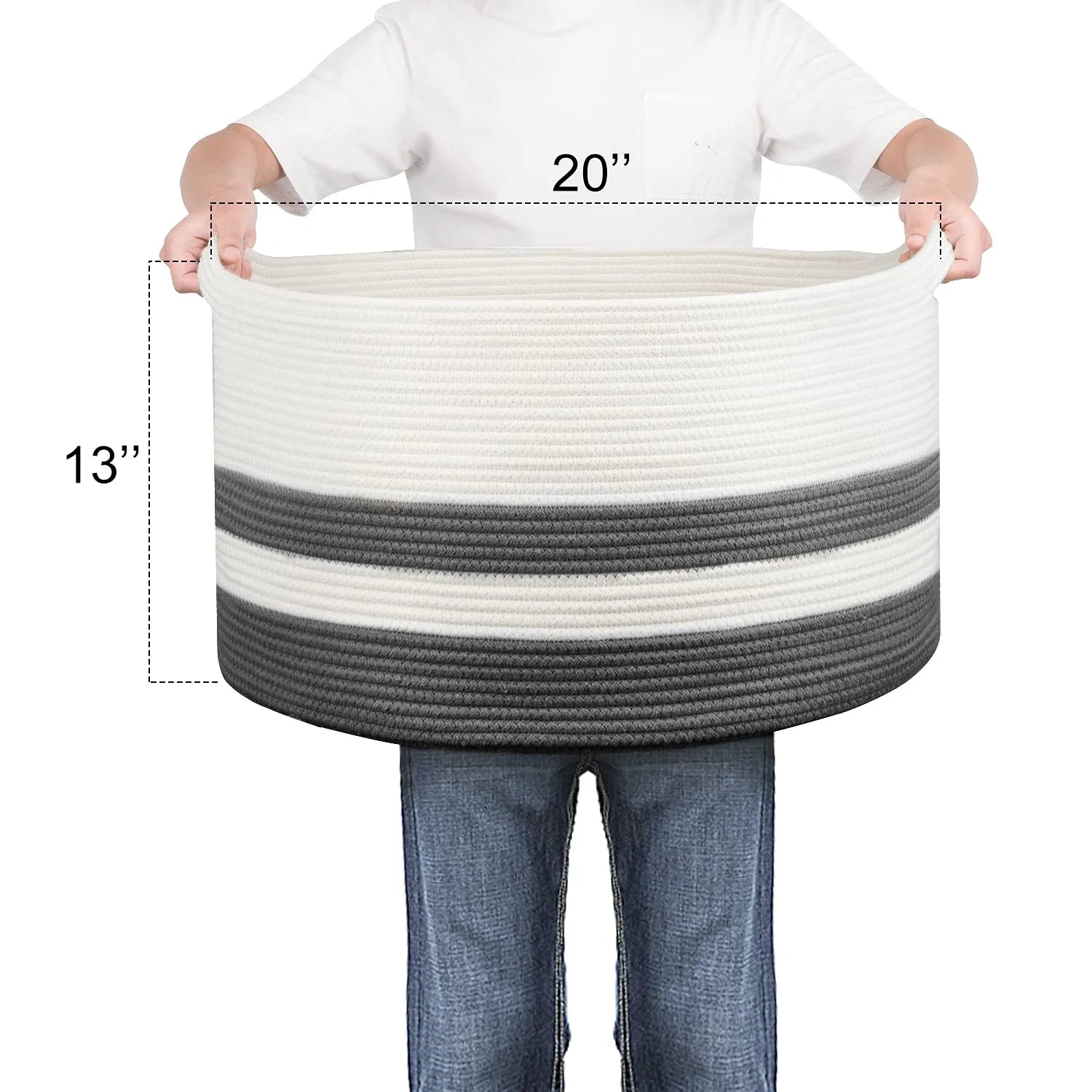 Hombins XXL Woven Storage Basket 20''X13'' Cotton Rope Woven Basket,Large Blanket Basket Laundry Hamper for Throws, Pillows, Blanket, Grey&White