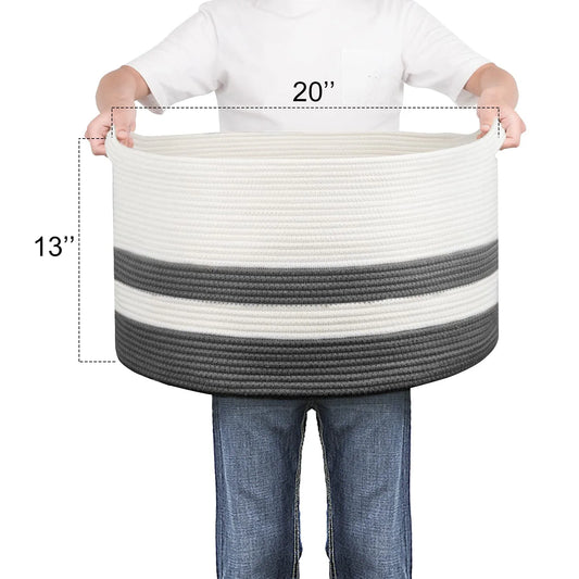 Hombins XXL Woven Storage Basket 20''X13'' Cotton Rope Woven Basket,Large Blanket Basket Laundry Hamper for Throws, Pillows, Blanket, Grey&White