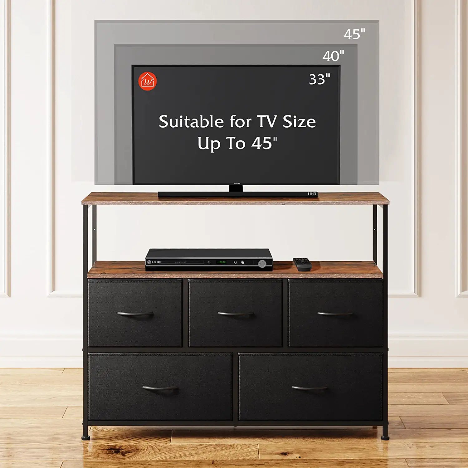 Dresser TV Stand, Entertainment Center with Fabric Drawers, Media Console Table with Open Shelves for TV up to 45 Inch, Storage Drawer Unit for Bedroom, Living Room, Black and Rustic Brown