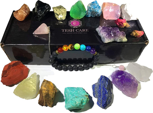 Chakra Therapy Starter Collection 17 Pcs Healing Crystals Kit, 7 Raw Chakra Stones,7 Colorful Gemstones, Amethyst,Rose Quartz Pendulum,Chakra Lava Bracelet,Dry Roses,Guide,Coa,Gift Ready