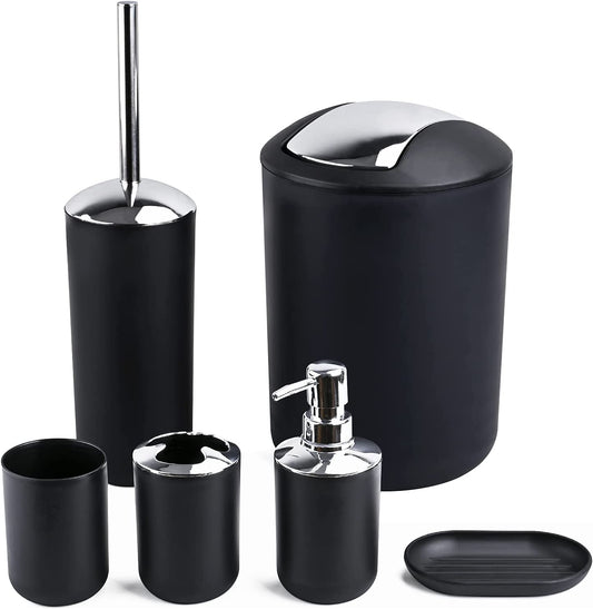 Bathroom Accessories Set-6 Piece Plastic Gift Set Toothbrush Holder,Toothbrush Cup,Soap Dispenser,Soap Dish,Toilet Brush Holder,Trash Can,Tumbler Straw Set Bathroom (Black)