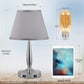 Touch Table Lamp with USB Ports - 3-Way Dimmable Small Nightstand Lamp for Bedroom & Living Room, Bedside Lamp W/ Grey Trapezoidal Shade (Assembled) & Silver/Chrome Metal Base - LED Bulb Included