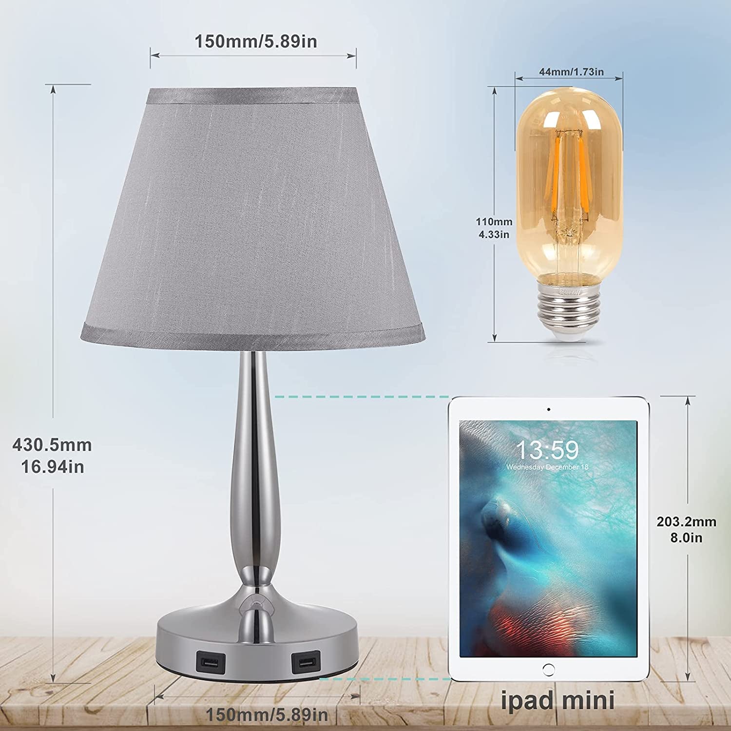 Touch Table Lamp with USB Ports - 3-Way Dimmable Small Nightstand Lamp for Bedroom & Living Room, Bedside Lamp W/ Grey Trapezoidal Shade (Assembled) & Silver/Chrome Metal Base - LED Bulb Included