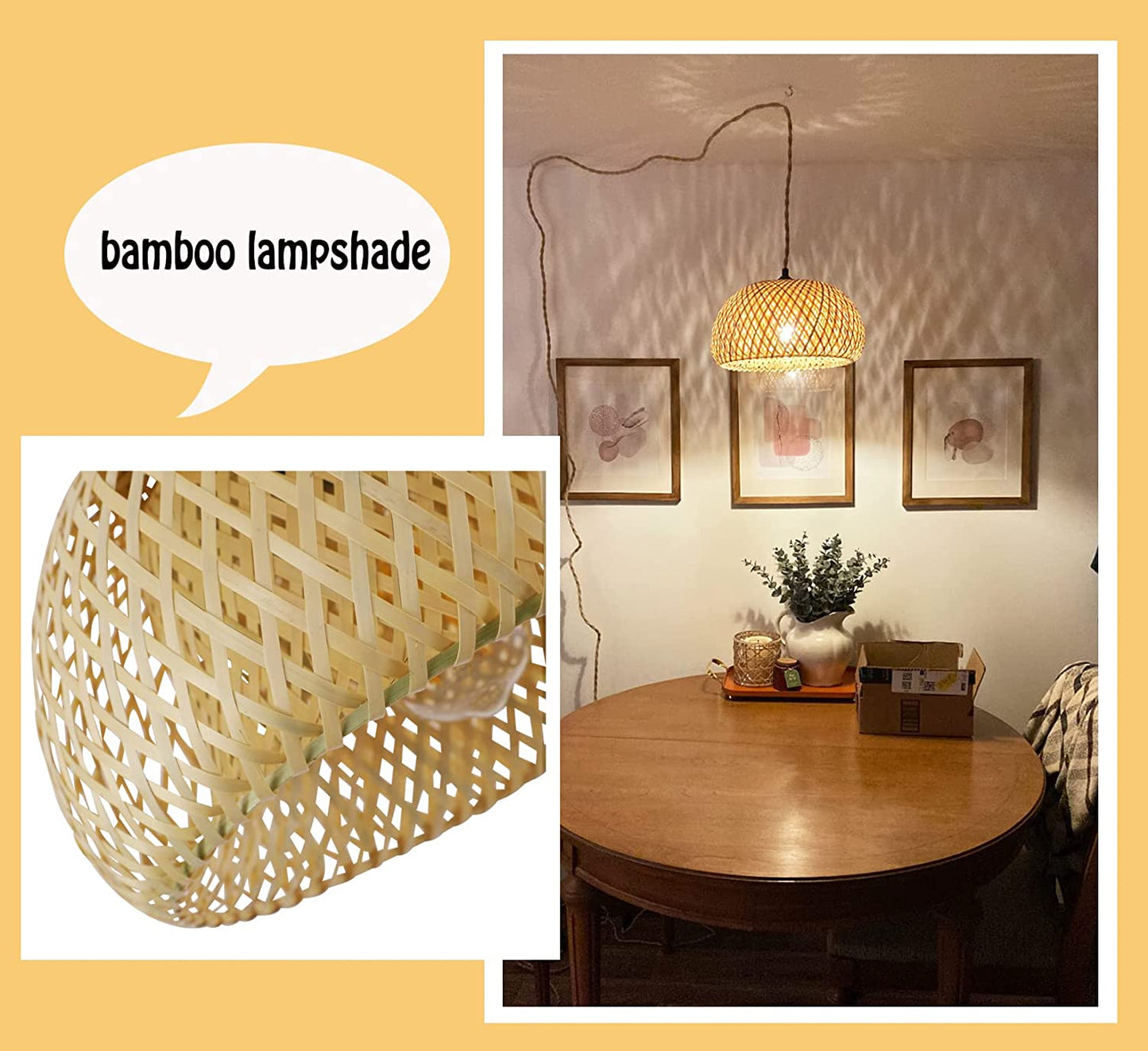 Plug in Pendant Light Rattan Hanging Lamp with Dimmable Switch 14Feet Hemp Rope Cord Bamboo Lampshade Rattan Hanging Lights Fixture with Plug in Cord