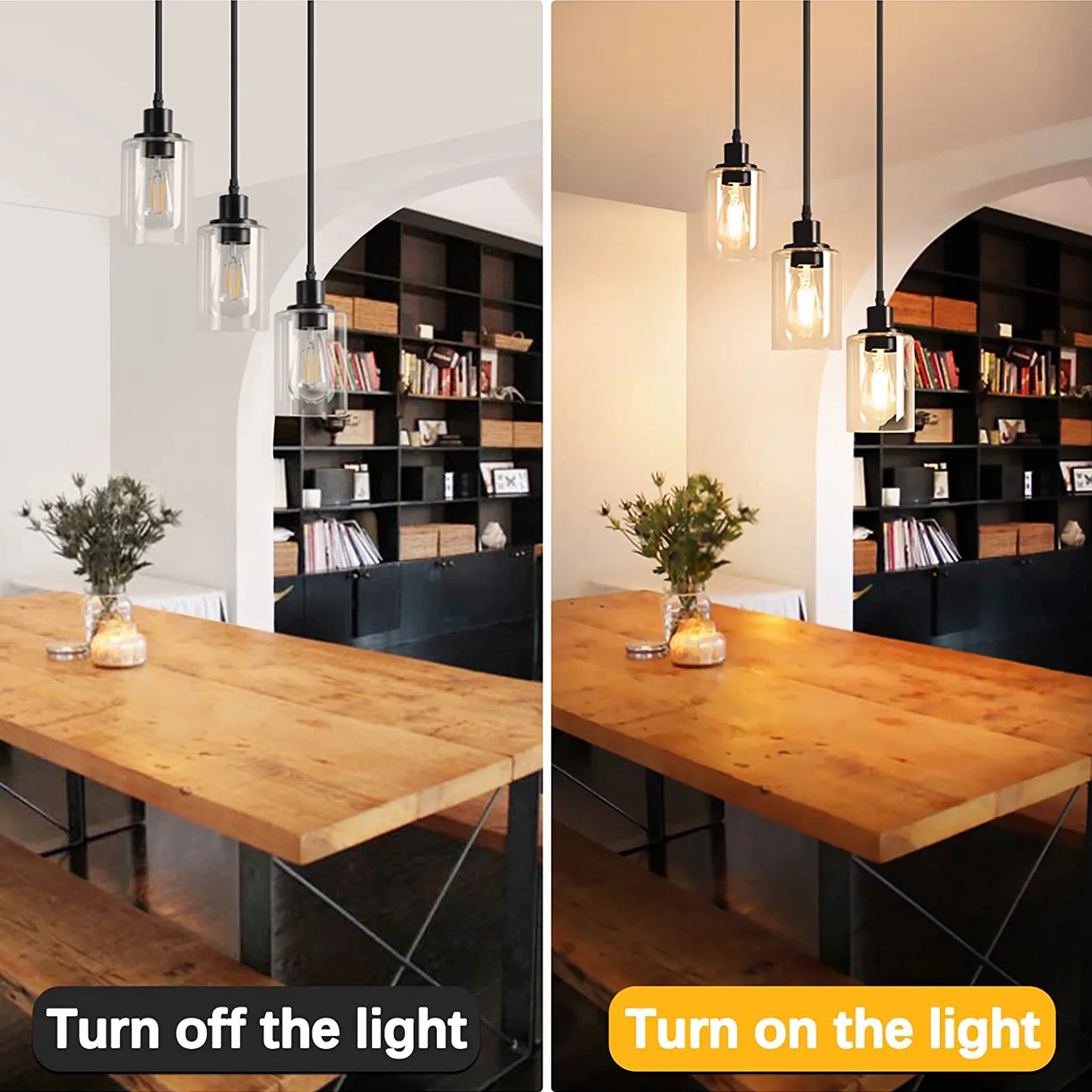 Industrial 3-Light Pendant Light, Adjustable Hanging Light Fixture with Clear Glass Shade, Mini Pendant Lighting, Vintage Farmhouse Ceiling Lamp for Kitchen Dining Room E26 Base, Black