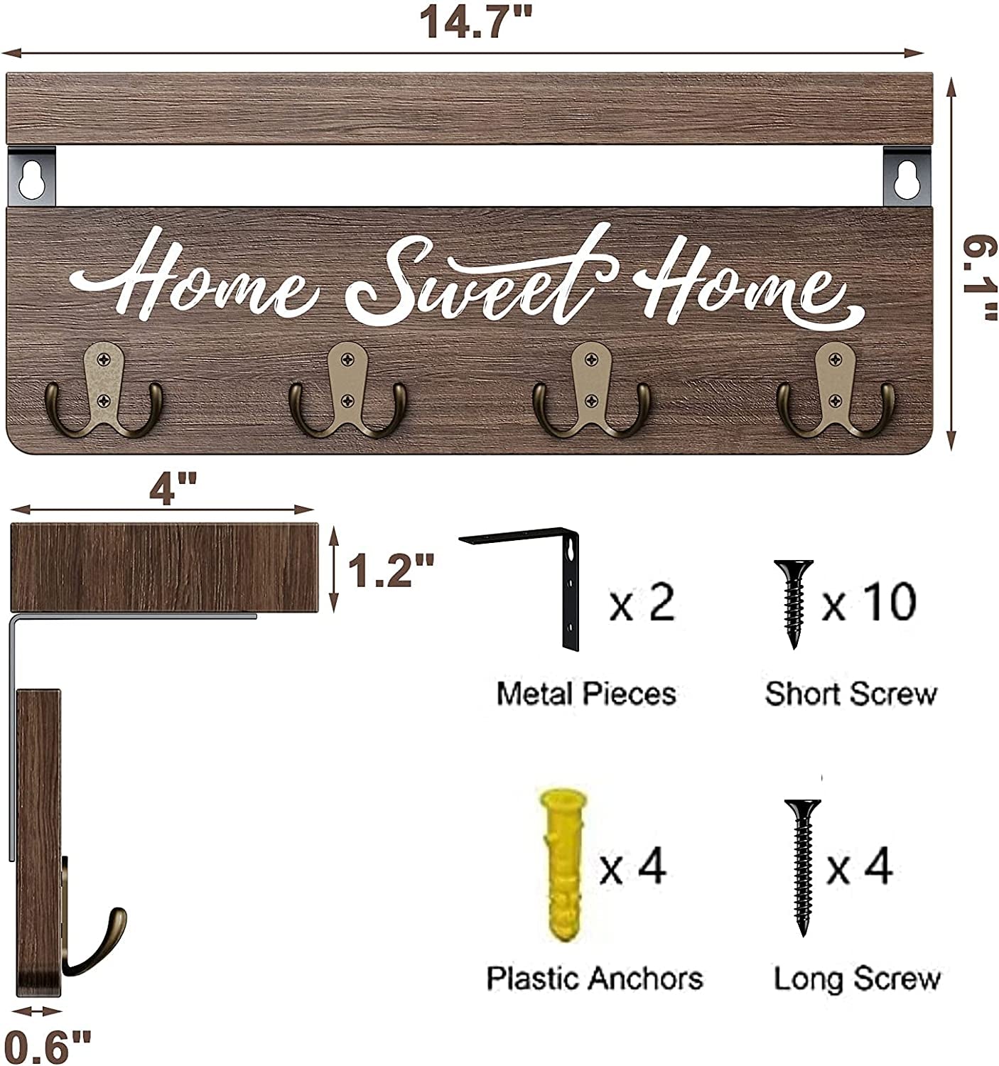 Wall-Mounted Key and Mail Holder, Wooden Key Rack with 4 Double Key Hooks, Rustic Home Decor for Entryway