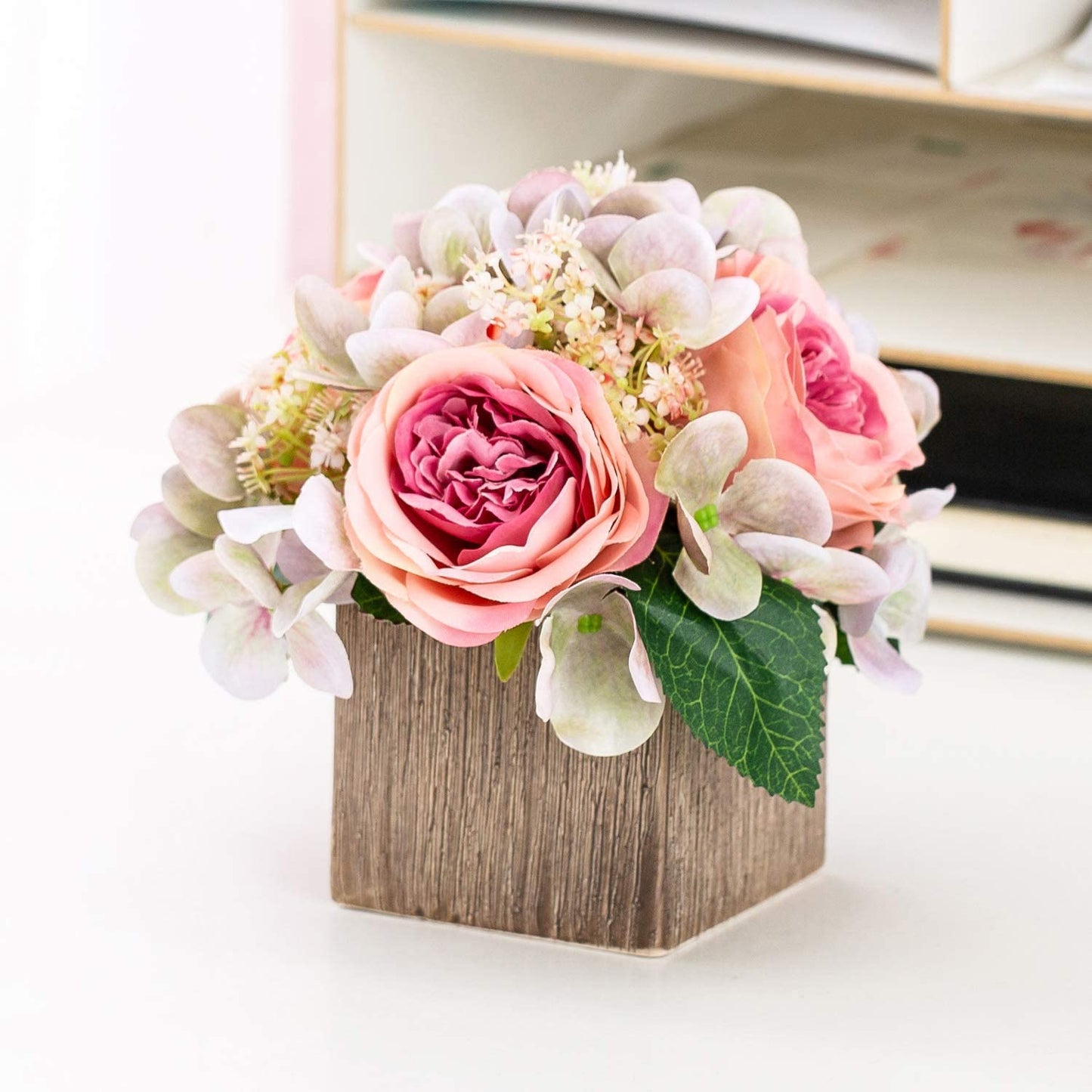Queen BEE Artificial Silk Flowers in Vase. Fake Pink Roses 3 Heads and Hydrangeas with Ceramic Vase for Home, Wedding, Bathroom Decor. Nightstand Decoration. Home Accent, Small 7" (Pink Rose)