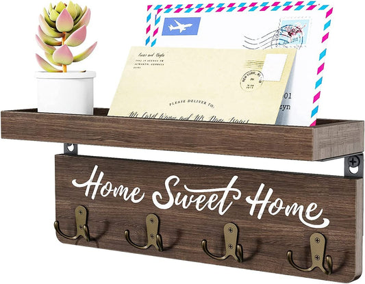 Wall-Mounted Key and Mail Holder, Wooden Key Rack with 4 Double Key Hooks, Rustic Home Decor for Entryway