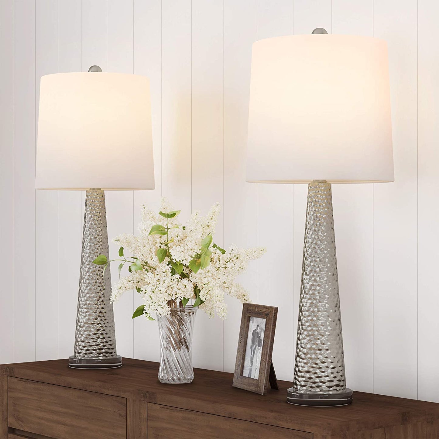 Lavish Home Table Lamps Set of 2 Contemporary Hammered-Look Glass for Bedroom, Living Room, Office with Energy-Efficient LED Bulbs