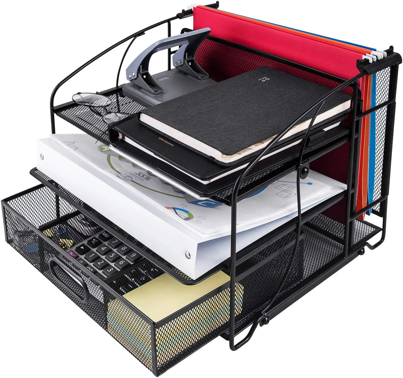 Desk Organizer 3 Tray W/Sliding Drawer and Hanging File Holder, Black