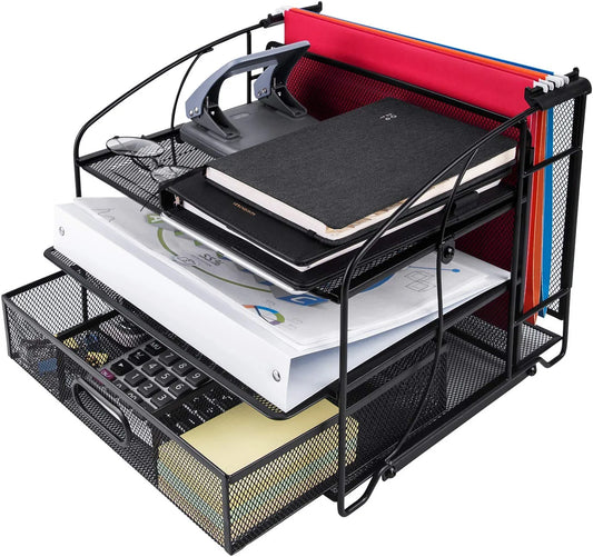 Desk Organizer 3 Tray W/Sliding Drawer and Hanging File Holder, Black