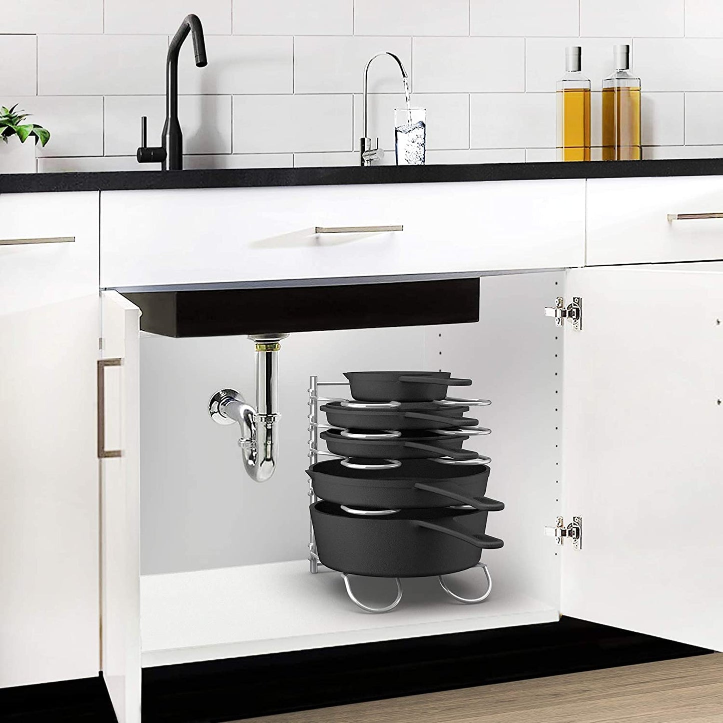 Heavy Duty Pan Rack, Pot Lid Rack, Kitchen Cabinet Pantry Cookware Organizer Rack Holder | 5 Adjustable Dividers, Chrome