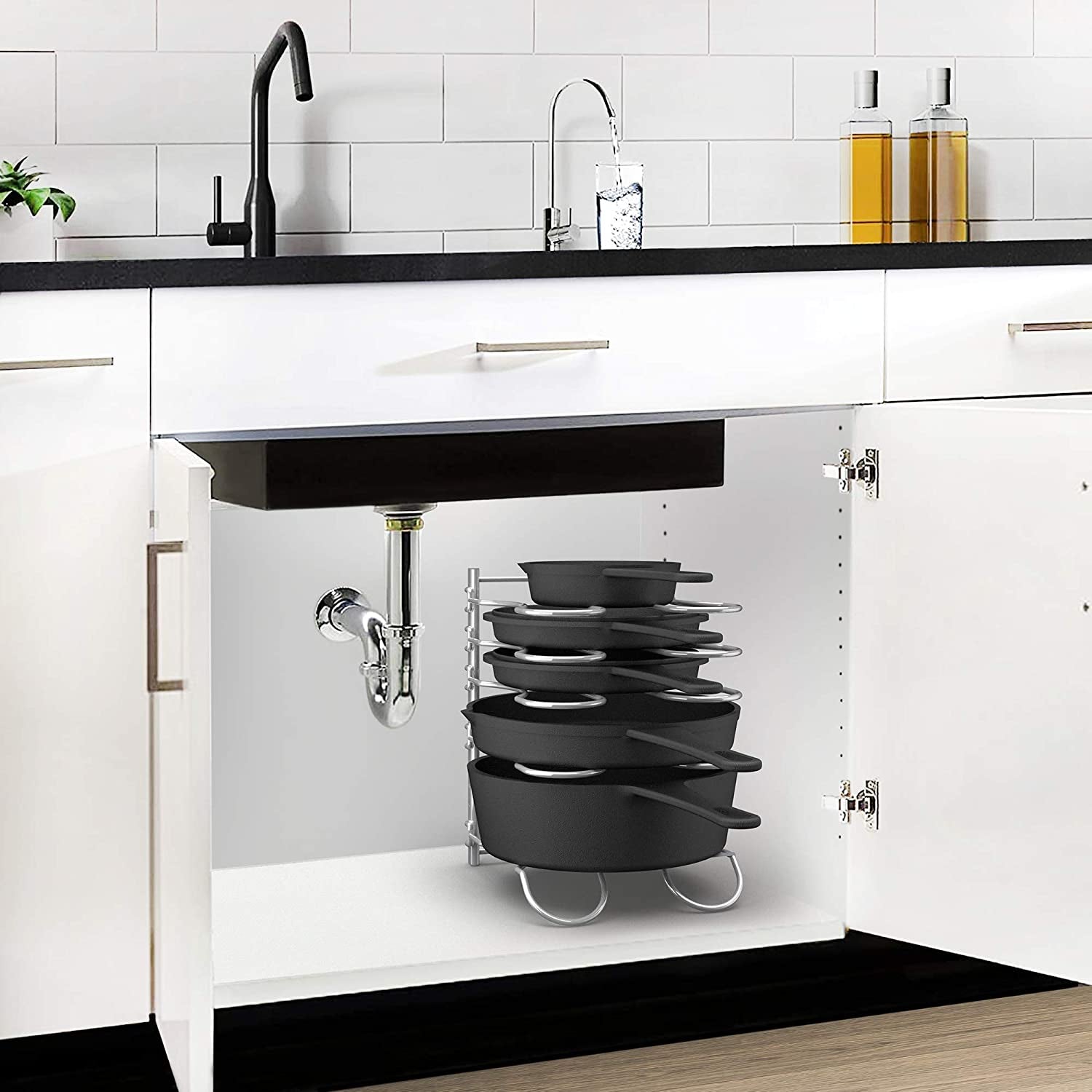 Heavy Duty Pan Rack, Pot Lid Rack, Kitchen Cabinet Pantry Cookware Organizer Rack Holder | 5 Adjustable Dividers, Chrome
