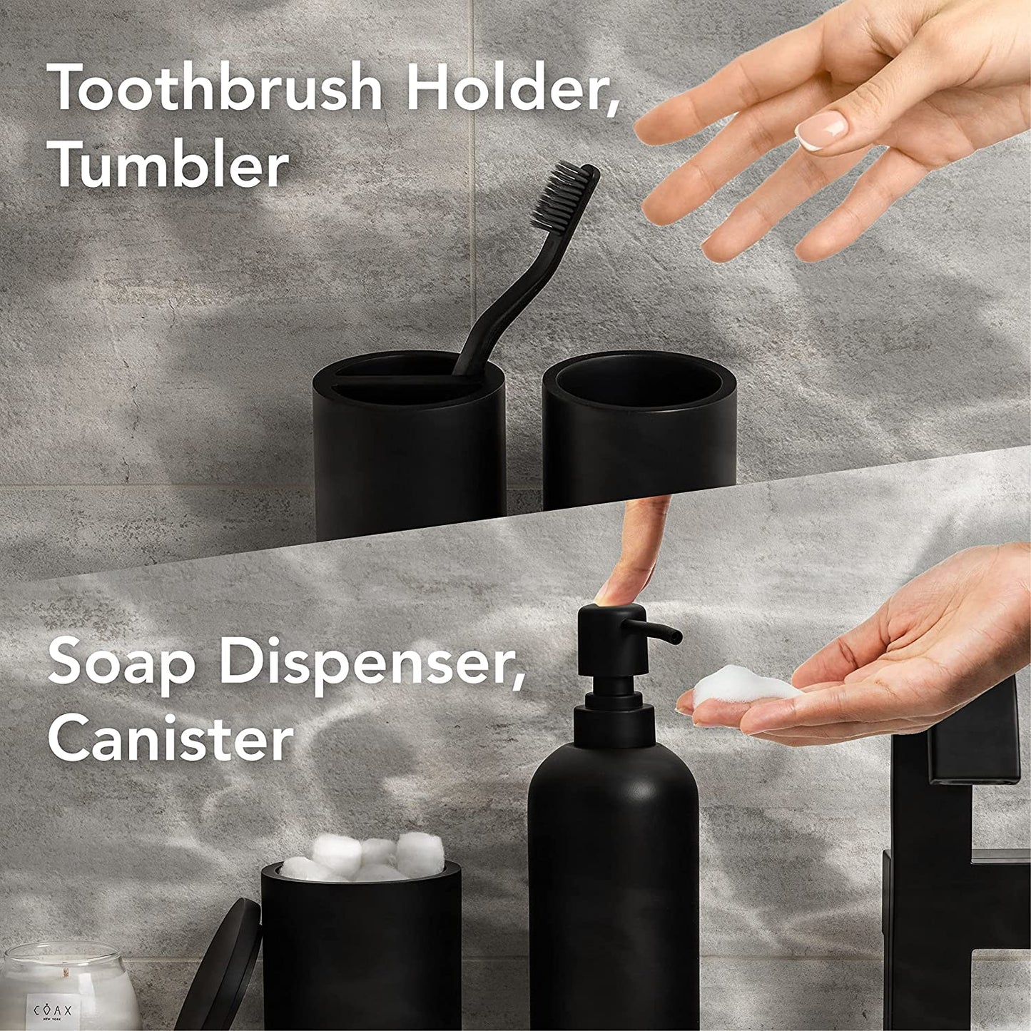 Bathroom Accessories Matte Black Set of 4, Bathroom Organization, Bathroom Accessory Set - Soap Dispenser, Bathroom Jars, Toothbrush Cup, Brush Holder, Made of Resin, Modern Home Decor