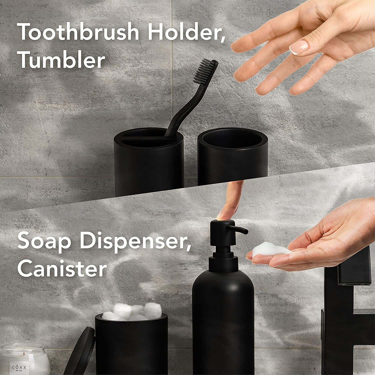 Bathroom Accessories Matte Black Set of 4, Bathroom Organization, Bathroom Accessory Set - Soap Dispenser, Bathroom Jars, Toothbrush Cup, Brush Holder, Made of Resin, Modern Home Decor