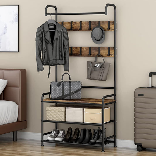 Coat Rack Shoe Bench 3-In-1 Hall Tree with Bench and Shoe Storage for Entryway Heavy Duty MDF Stand Coat Rack Industrial Accent Furniture with Metal Frame, Black (Rustic Black)